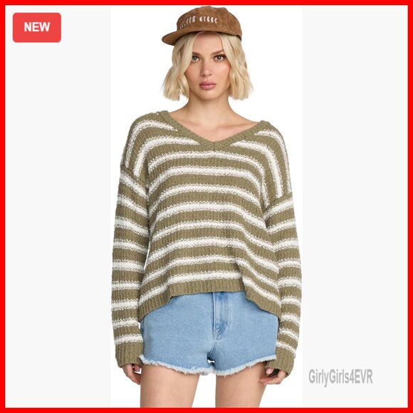 Striped V-Neck Pullover Sweater Boxy Fit Dropped Shoulders
